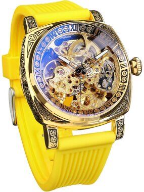 Men's Yellow Square Mechanical Rubber Strap Self-Wind Carved Automatic Watch